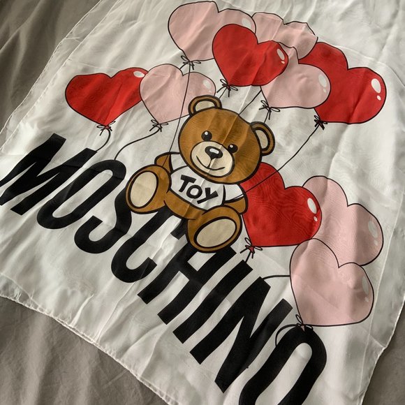 Authentic Designer Brand Name Moschino Teddy Bear White Silk Scarf / Wrap - Picture 1 of 5